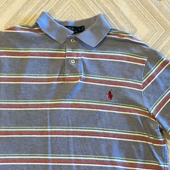 Men’s Polo Ralph Lauren Blue, White, Red & Green Horizontal Stripe Collared Shir - Picture 2 of 8